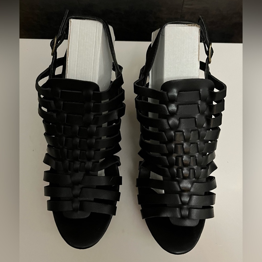 Black Weave Wedge with Wooden Heels